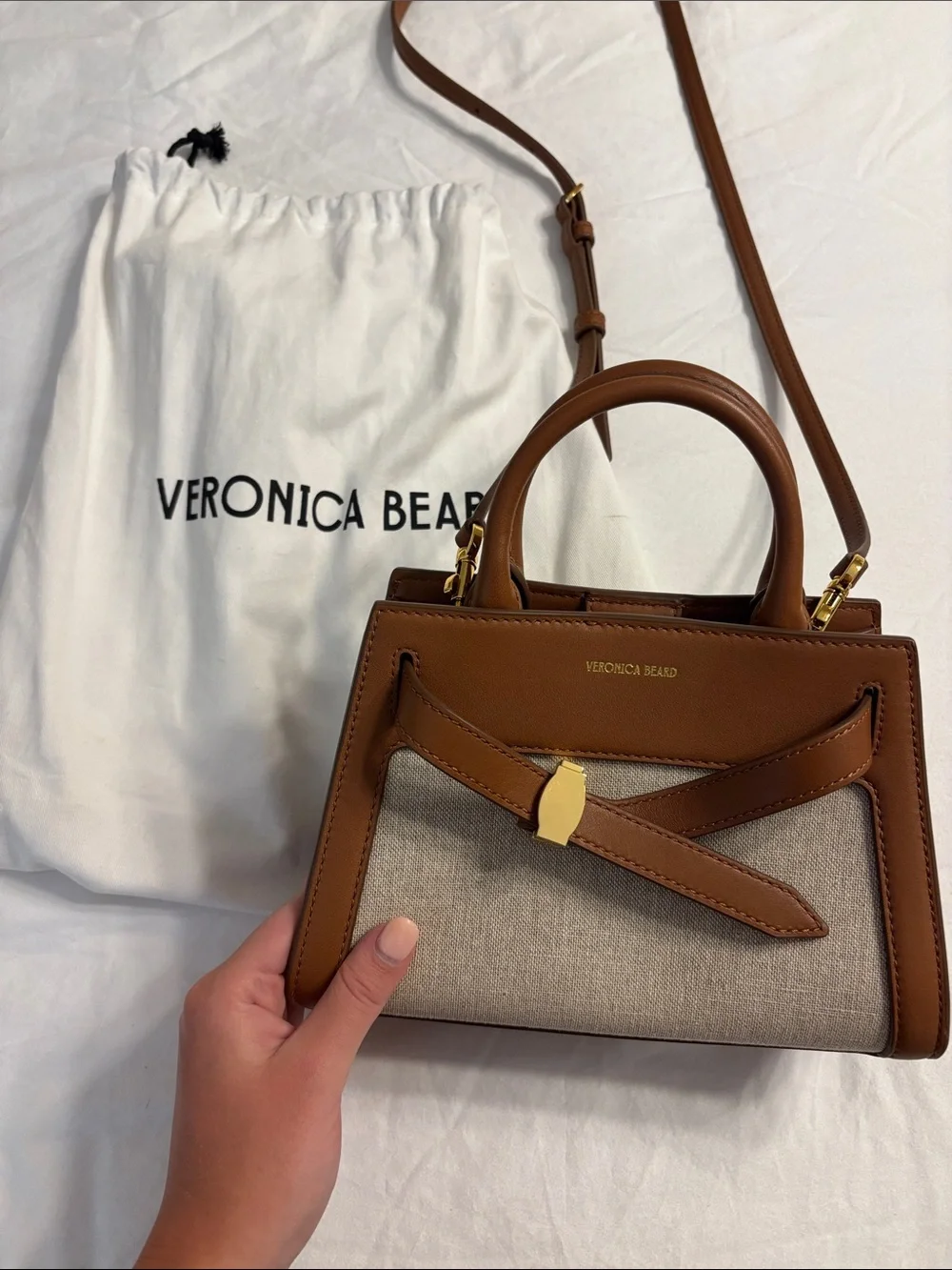 Veronica Beard Mini Dash Bag in Natural Linen and Hazelwood